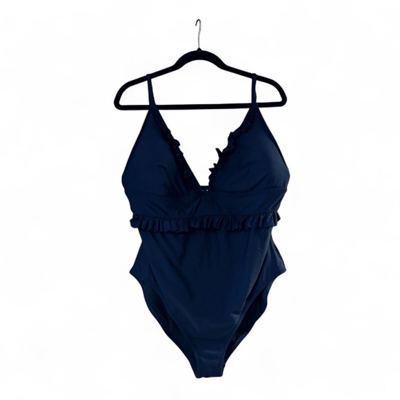 J. Crew Women's Plus Sz 20 One Piece Deep V Ruffle Swimsuit Dark Navy Blue - Picture 1 of 4